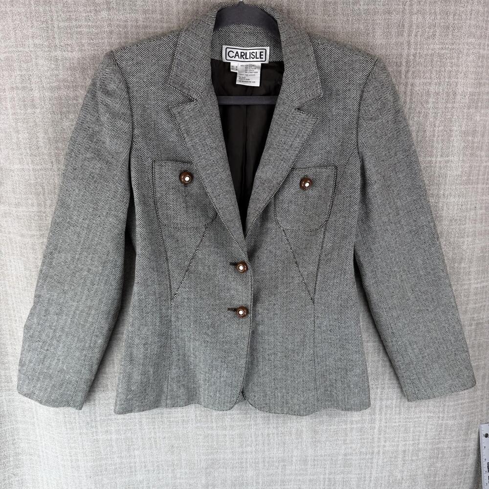 Carlisle Blazer Womens 6 Gray Short Collared Lined Pockets Button Herringbone